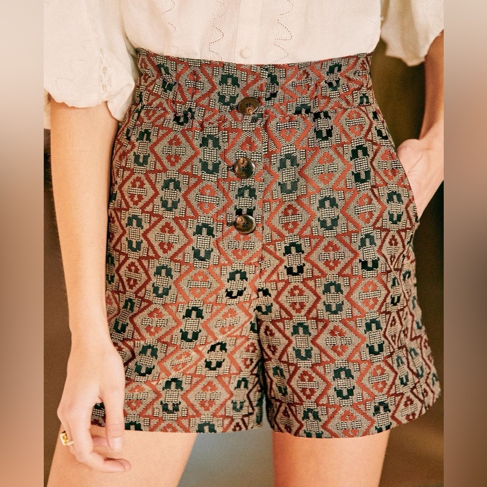 Sezane High-Waist Jacquard Button-Front Shorts in Rust & Forest Green